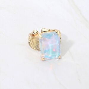 Abalone Blue Gold Emerald Cut Crystal Adjustable Ring Fashion Statement Jewelry
